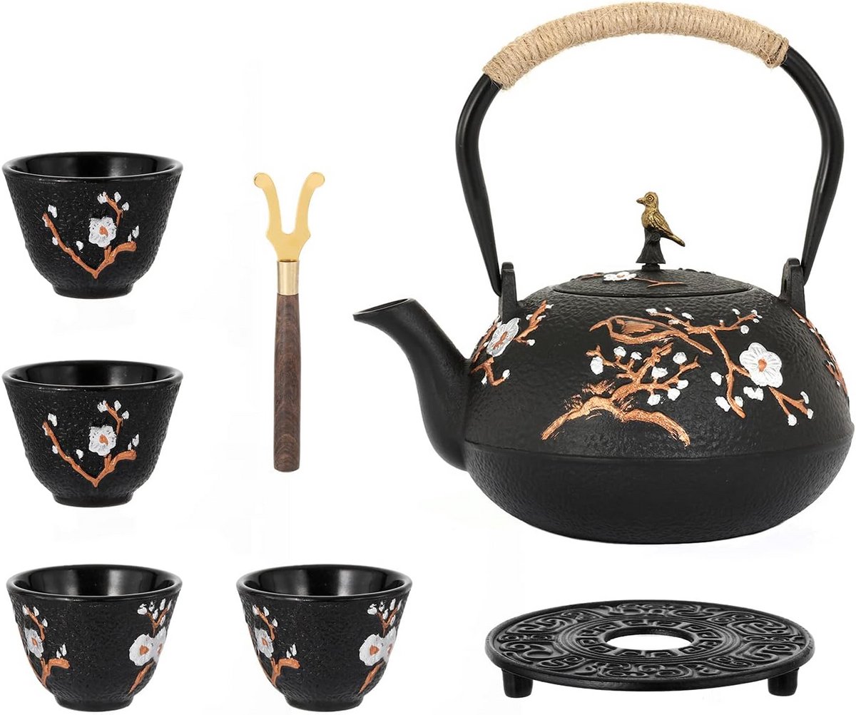 Gietijzeren theepot - Theekoker ketel - Thee zetten - Inclusief 4 kopjes - 1200 ml - Zwart