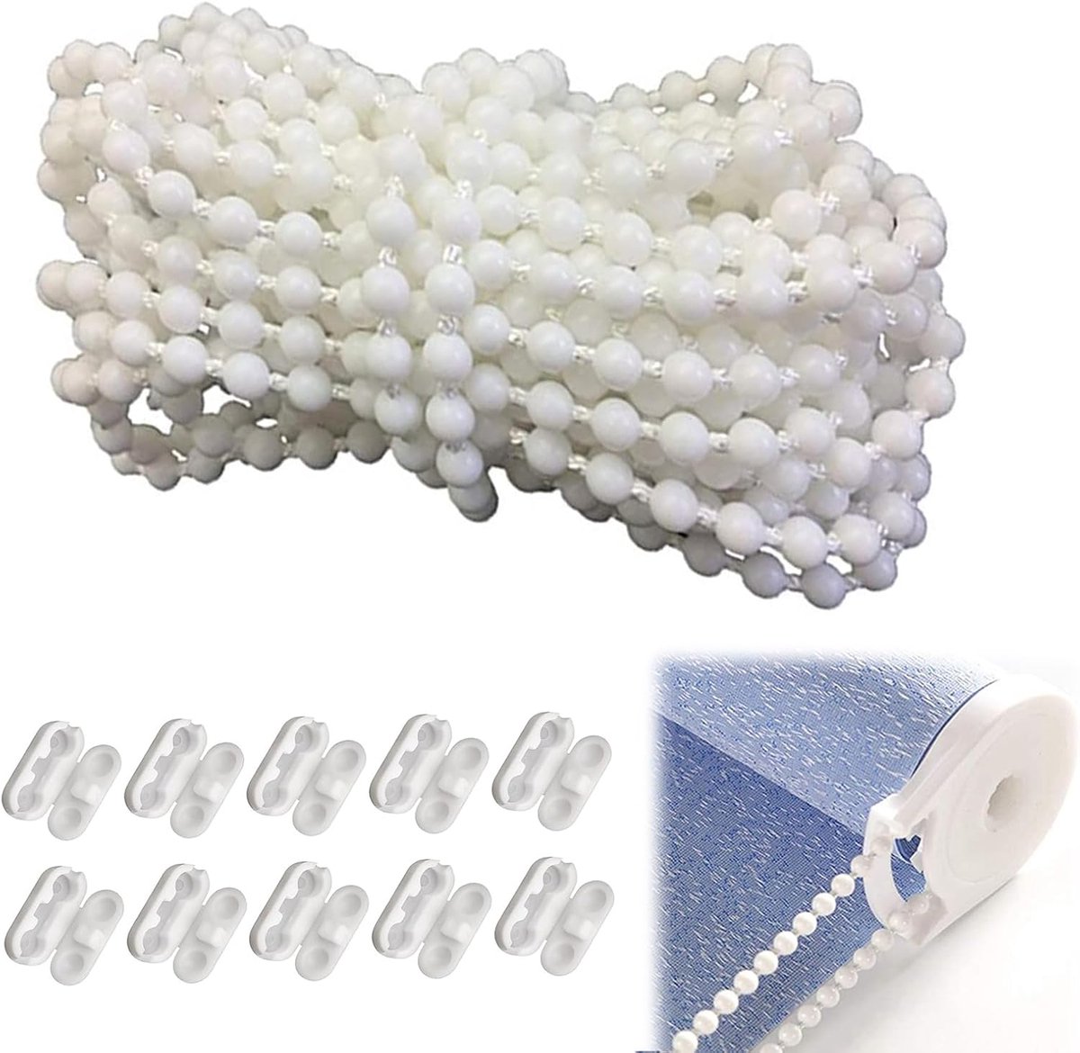 Rolluikketting set - Vervangketting reparatie - Gordijnen bedienen - Inclusief 10 sluitingen - 6 meter lengte - Wit