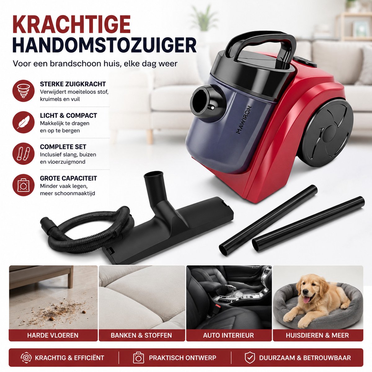 Handstofzuiger / DraadloosNetstroom Handzuiger / Stofzuiger op snoer – 230V – Met vloermondstuk, 2 kunststof buizen, slang, filter & stofbak – Perfect voor auto, trap, werkbank, hoekjes & kleine ruimtes