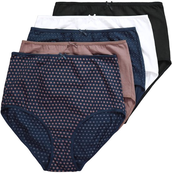 Set van 5 maxislips: twee effen (zwart, wit), twee met stippenprint (bruin met roze, blauw met roze) en één effen bruine.