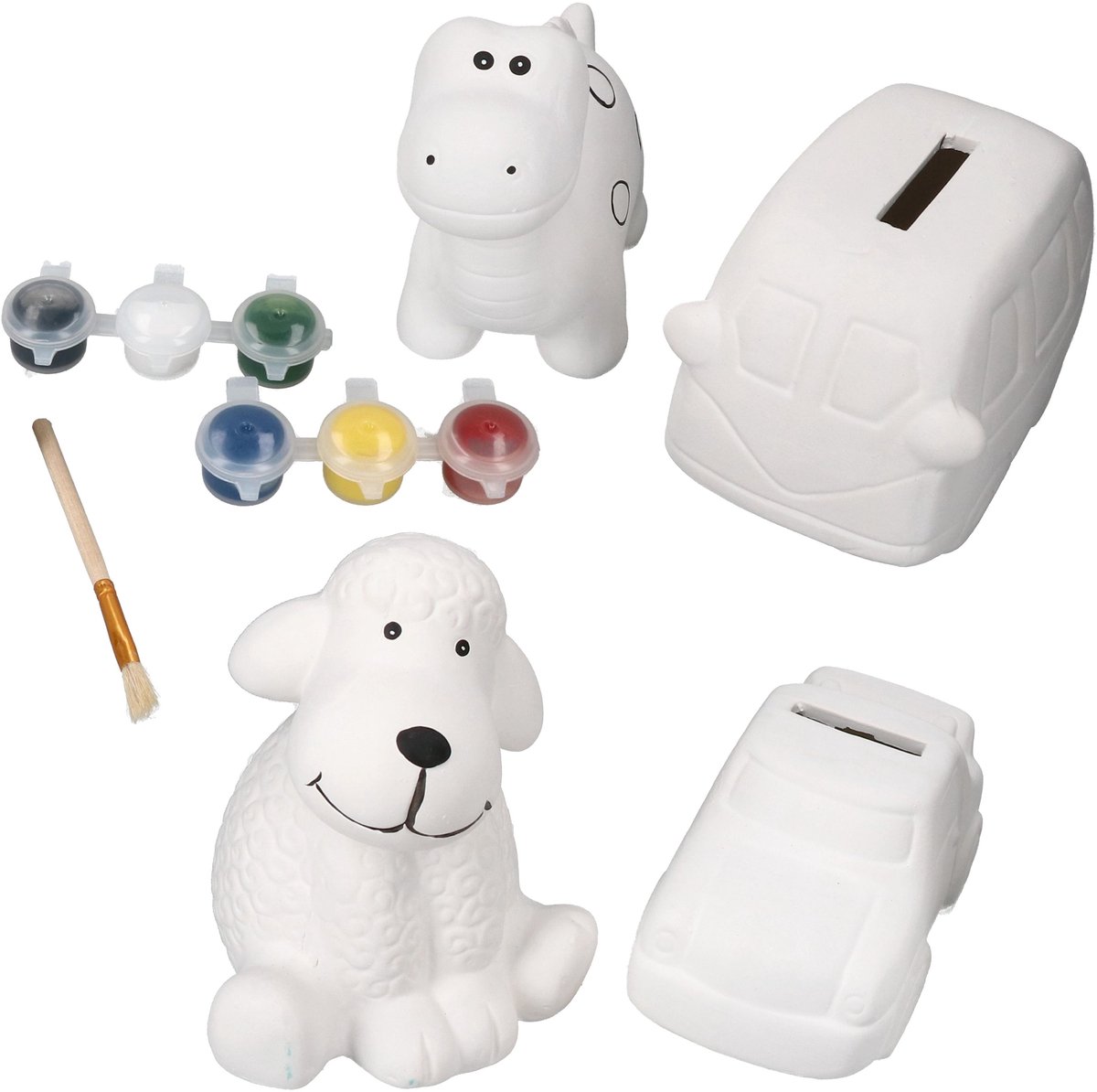 4-delige set spaarpotten voor jongens om te schilderen, elk 1x auto, bus, dino & hond inclusief verf & kwast – 76638, 76639, 87761 & 87765
