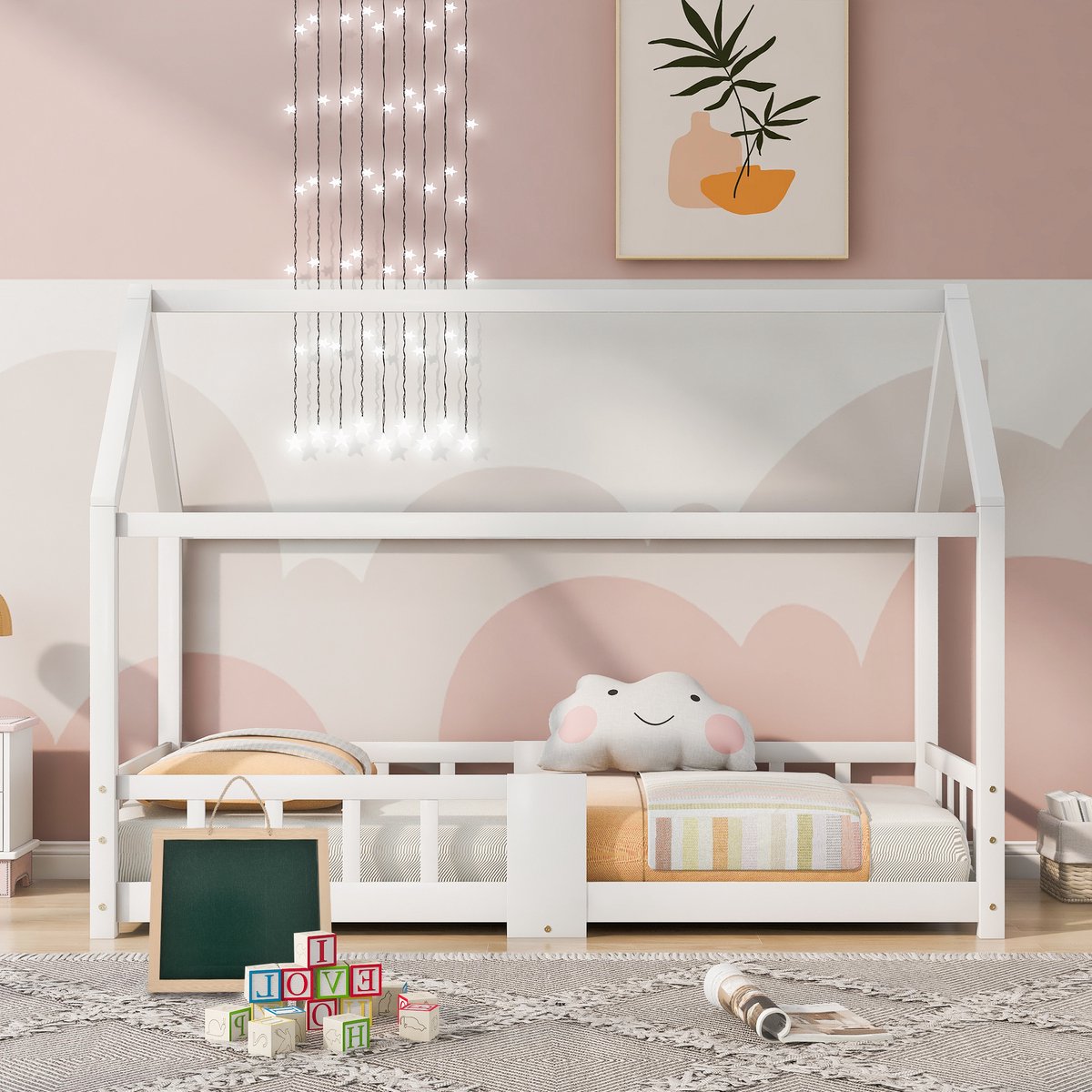 DESMIU Huisbed 90 x 200 cm Zonder matras – Kinderbed Met Tafel en Veiligheidsralen – Speels Opbergvriendelijk Design – Kinderkamer – Massief Hout – Wit