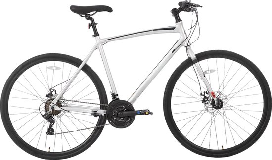 Zilveren herenfiets met zwarte velgen, rode remklauw en zwarte accenten op het frame.