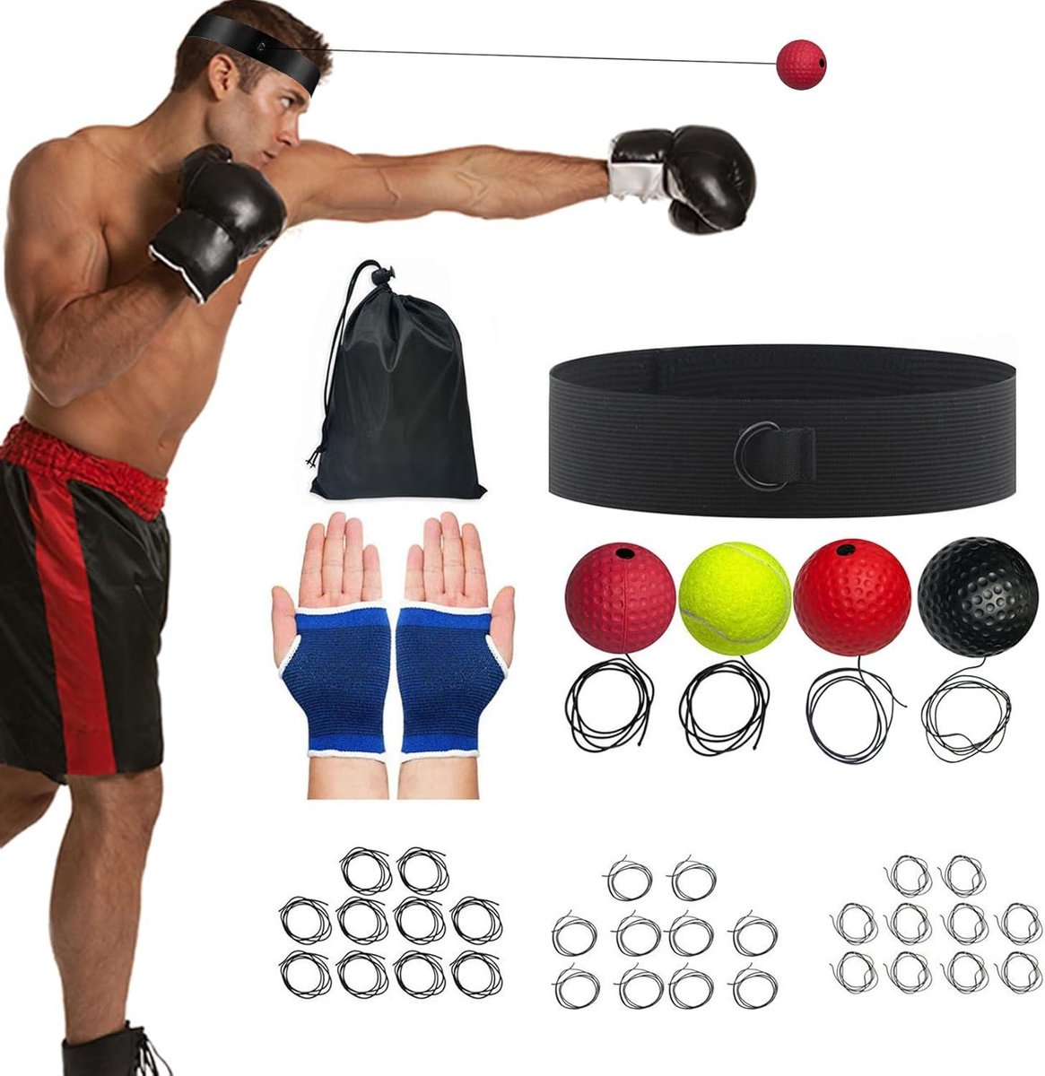Boksbal Trainingsset - Reflexbal Hoofdband - Verbeteren Reactiesnelheid - Verstelbaar Elastisch Band - Vier Ballen - Multicolor