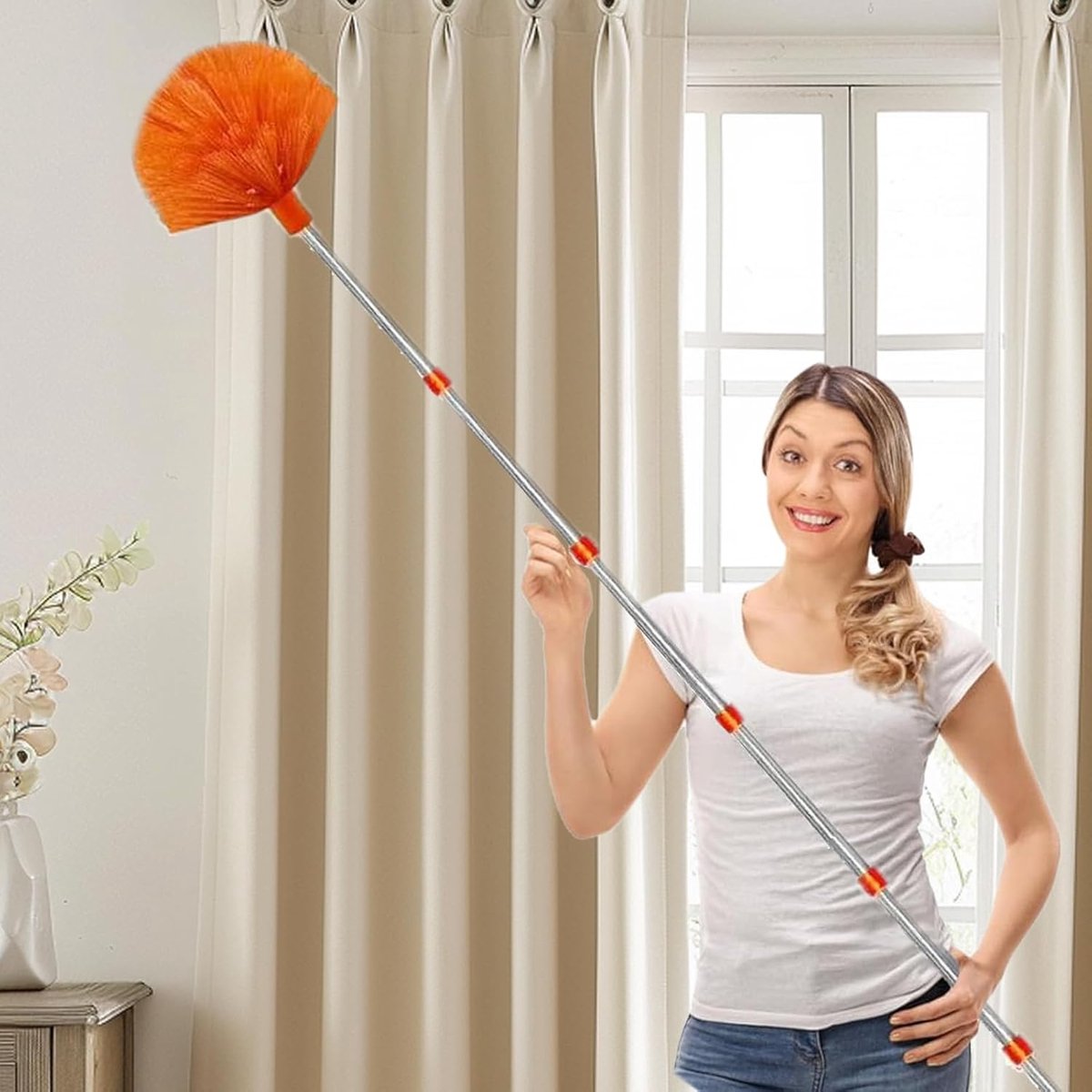 Uittrekbare Plumeau - Microvezel Stoffer - Hoge Oppervlakken Schoonmaken - Verstelbare Telescoopsteel - Tot 6 meter - Oranje