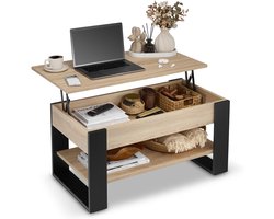 defiPad Salontafel met opklapbaar blad, plank en opbergruimte - Industrieel, Lofotisch - Zwart + Sonoma Eiken