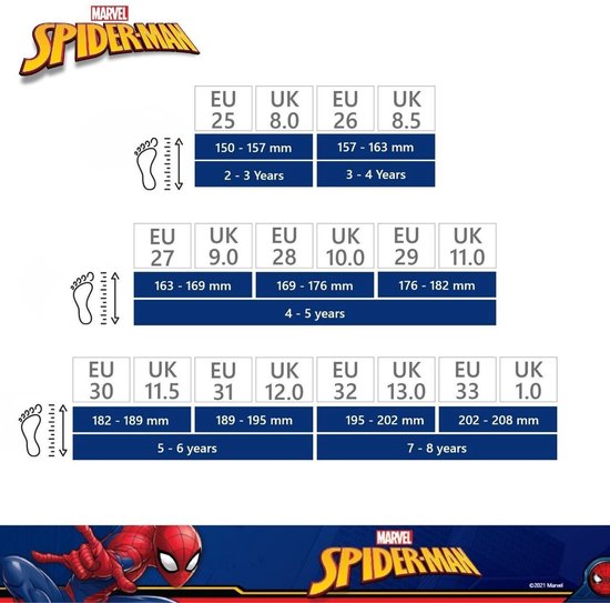 Maattabel voor Spiderman sandalen: EU maten 25-33, UK maten 8.0-1.0, met voetlengte en leeftijdsaanduiding.