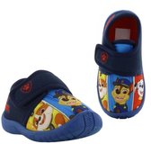 Set van twee donkerblauwe Paw Patrol pantoffels met klittenbandsluiting en prints van de Paw Patrol-hondjes.