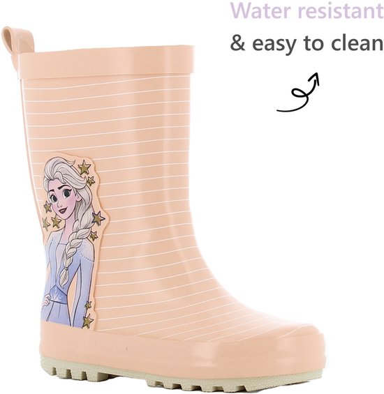 Lichtroze regenlaars met horizontale witte streepjes en een print van Elsa van Frozen.