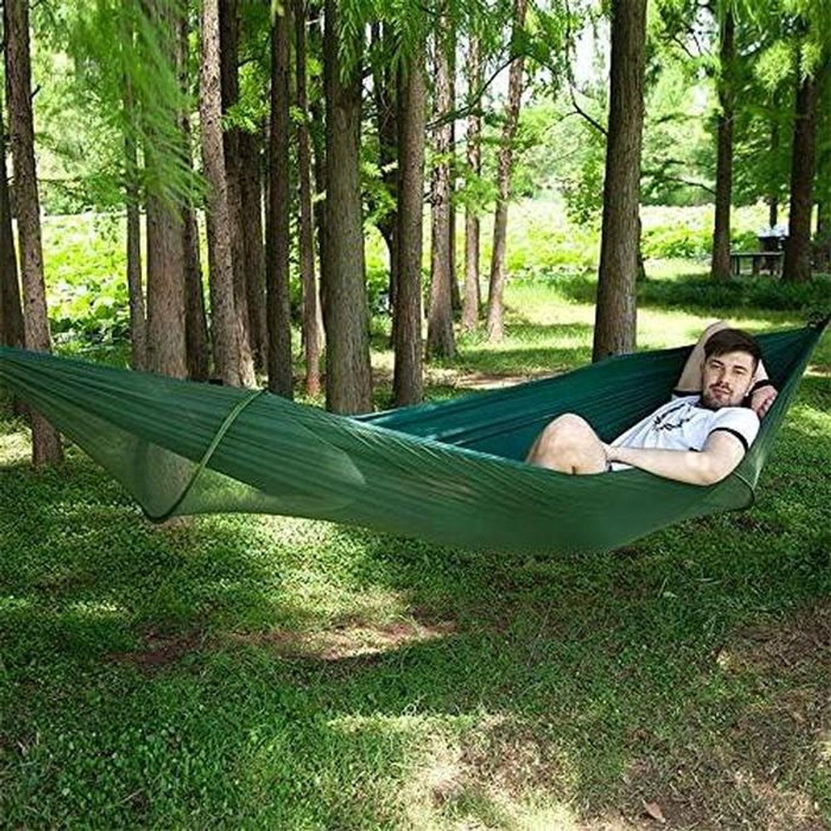Nylon Hangmat - Kampeerhangmat Buiten - Ontspannen Buiten - Geïntegreerd Muggennet - 290 x 140cm - Donkergroen