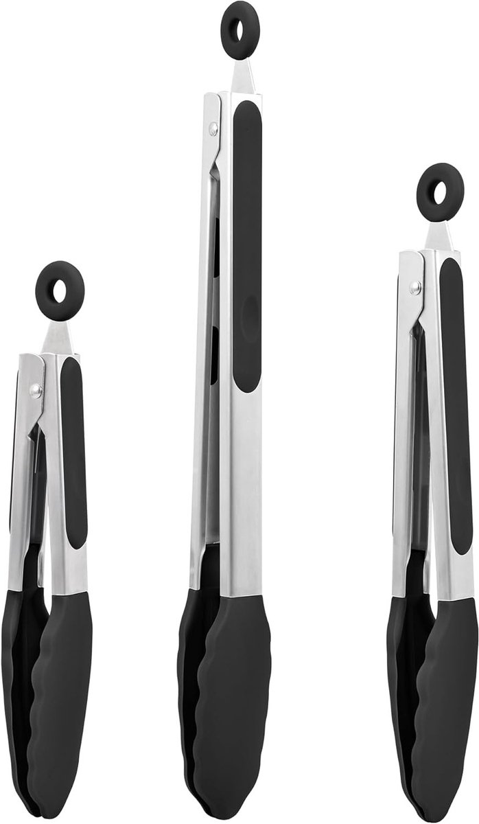 Siliconen Keukentangen met Vergrendeling en Niet-Krasbare Einden, Roestvrij Staal, Geschikt voor BBQ, Airfryer en Salades (18/23/30 cm, Zwart)