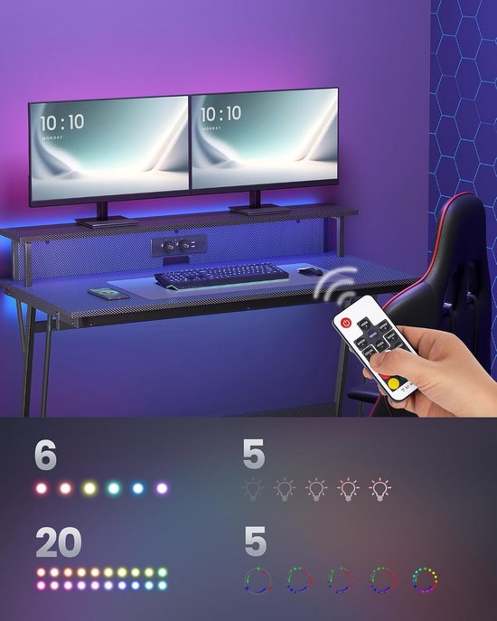 Gaming Bureau - Computer Tafel - Comfortabel Spelen - Geïntegreerde LED Verlichting - 120 x 60 cm - Carbon Zwart — afbeelding 5