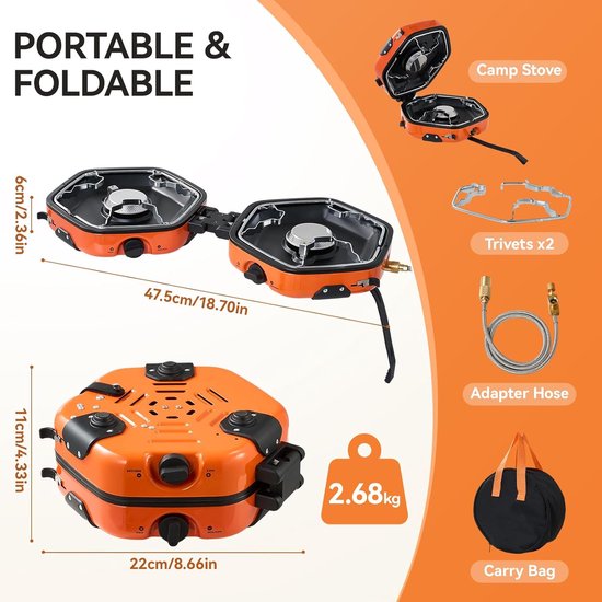 Camping Gasstel - Draagbare Kookplaat - Buiten Koken - Dubbele Brander - 24x23x11.5 cm - Oranje — afbeelding 3