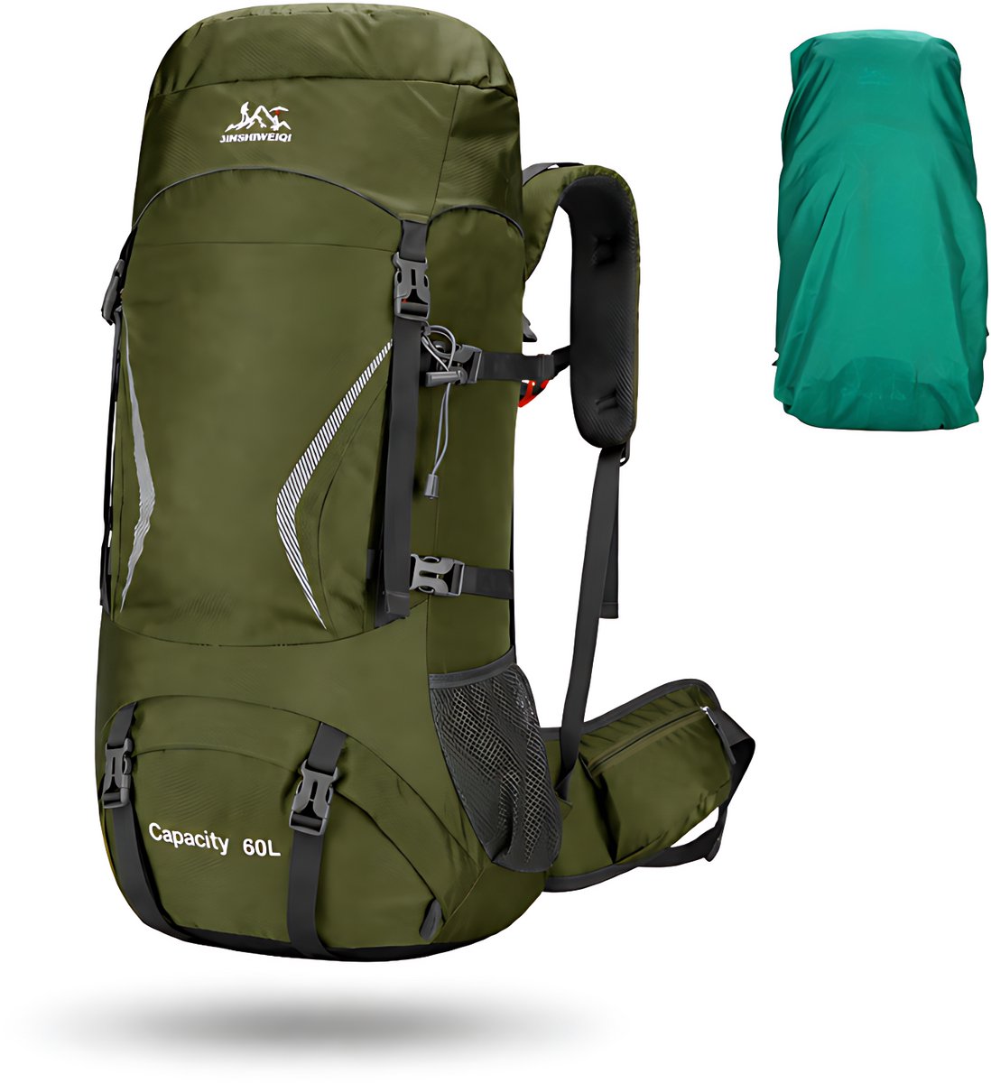 CarryQuest® - 60L Hiking Backpack - Nylon Wandelrugzak met Regenhoes, Reflecterende Strip, Zijvakken, Heupriemvakken, Ondervak & 72x35x23 cm - Groen
