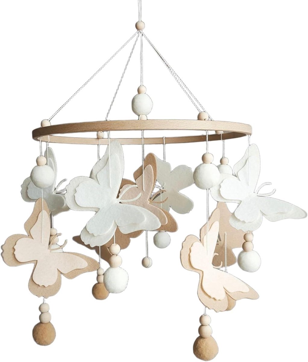 Babymobiel Vilten Vlinders - Handgemaakte Kinderkamer - Babykamer Decoratie - Natuurlijke Kleuren - Ring 23 cm - Beige Bruin