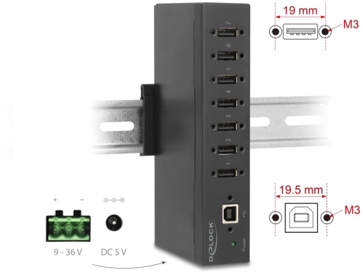 Delock Industry Hub 7 x USB 2.0 Type-A with 15 kV ESD protection and DIN rail mounting