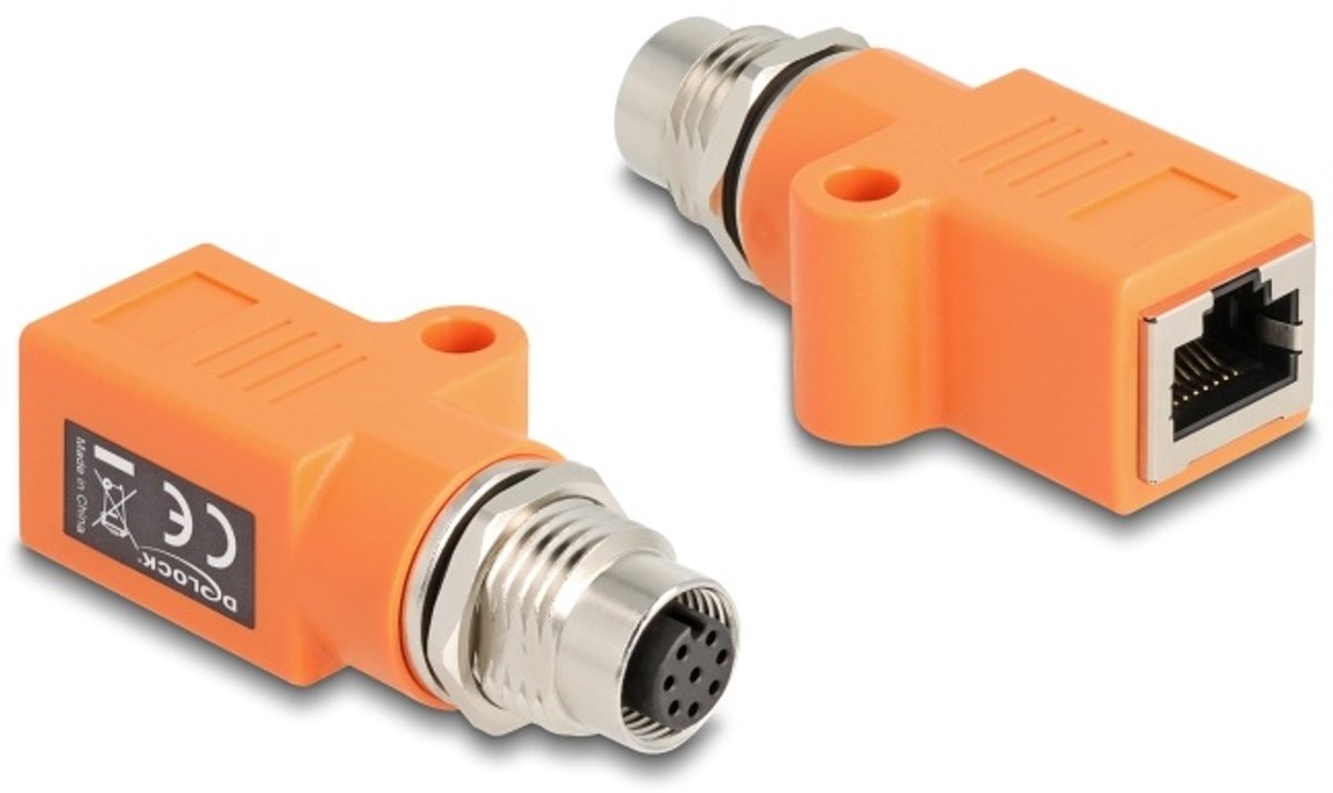 Delock M12 Adapter A-coded 8 pin female to RJ45 jack Cat.5e with mounting hole straight orange