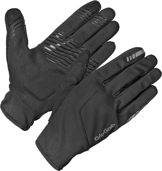 Paar zwarte GripGrab fietshandschoenen met reflecterende strepen op de rug van de hand en padding op de handpalm.