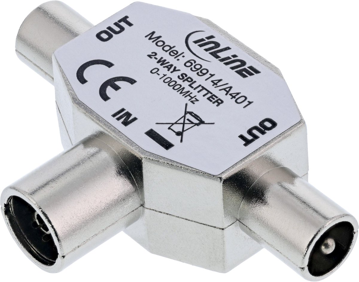 InLine® Antenne T-Verteiler voor TV, 1x Koax Female an 2x Koax Male