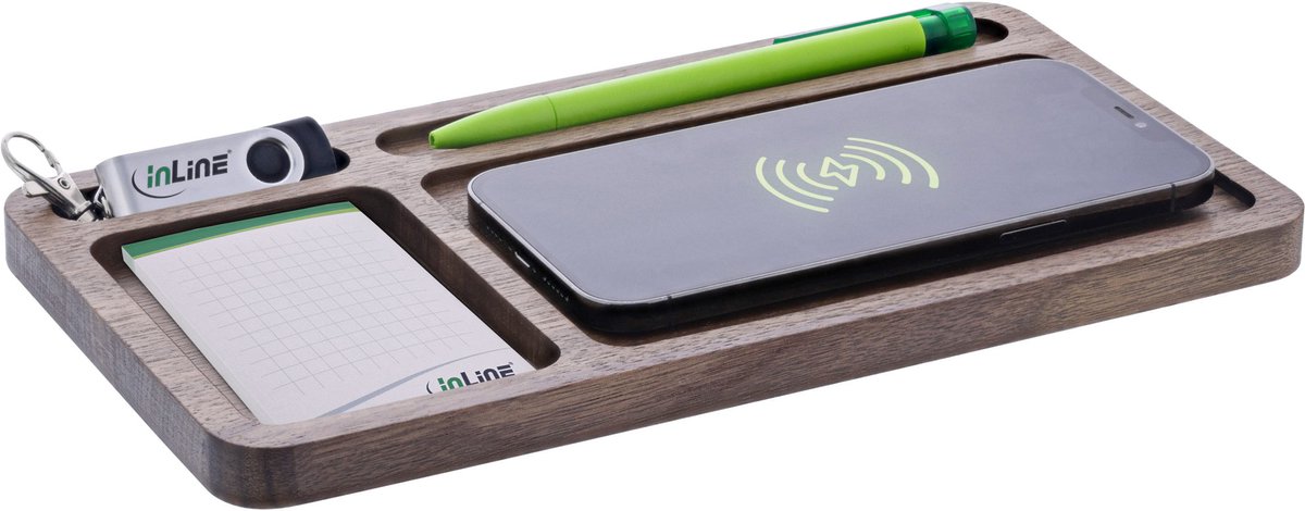 InLine® WoodCharge-Organiser met geïntegreerd Qi-oplaadoppervlak van walnoothout