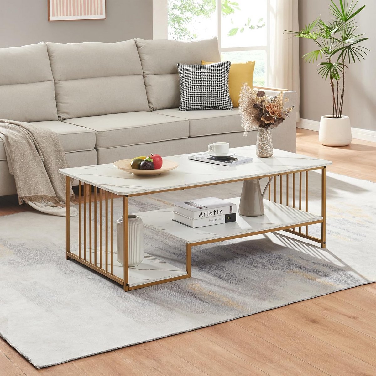 Rechthoekige Salontafel Marmerlook Wit met 2 Legplanken - 120x60 cm