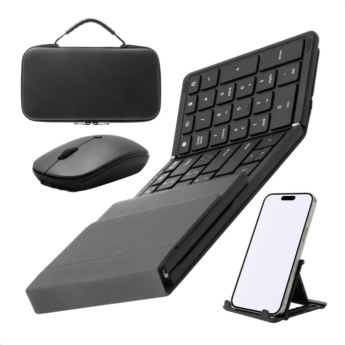 Opvouwbaar Toetsenbord incl muis, case en telefoonhouder - Qwerty Toetsen - Oplaadbaar - Draadloos - Anti Slip Onderkant - Bluetooth - Foldable Keyboard - Zwart
