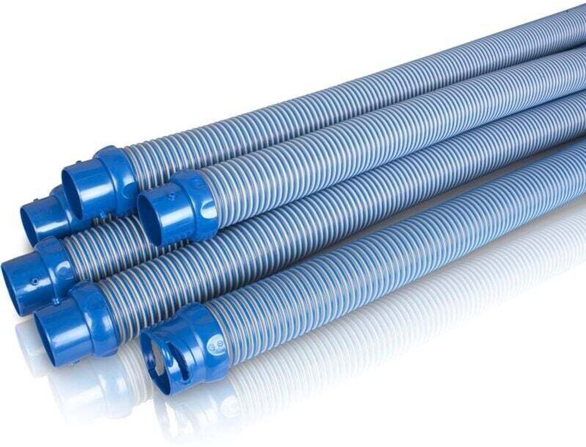 Een set van zes 1 meter lange twist-lock slangen, voorhydraulische zwembadreinigingsrobots, blauw.