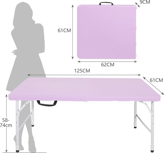 125 cm Robuuste Klaptafel (met draaggreep) - In hoogte verstelbaar (58–74 cm) - Draagbare klaptafel - Ideaal voor kamperen, picknicks en binnen-/buitengebruik - 135 kg draagvermogen - Paars — afbeelding 3
