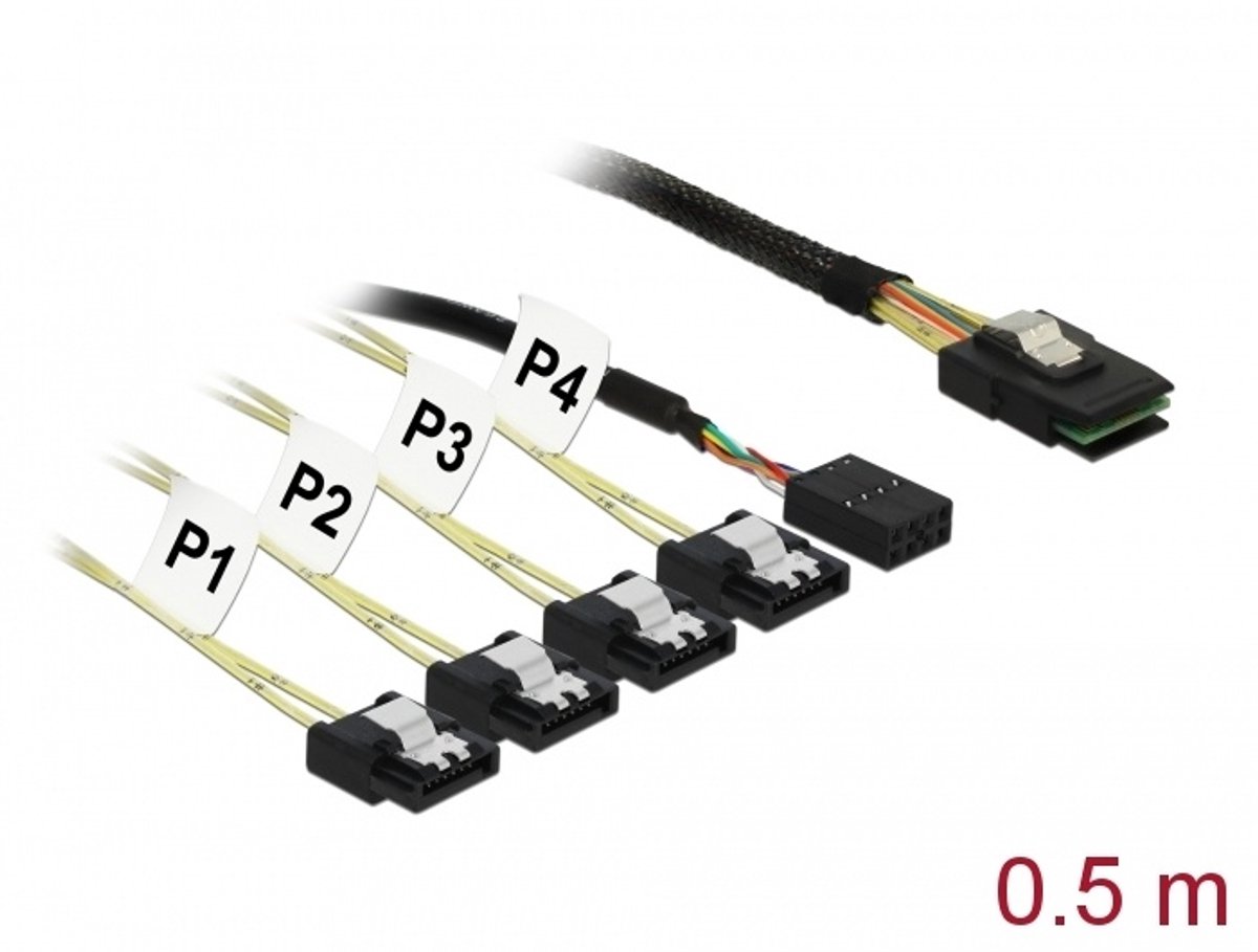 Kabel Mini SAS SFF-8087> 4 X SATA 7 PIN ARTERD + zijband 0,5 m