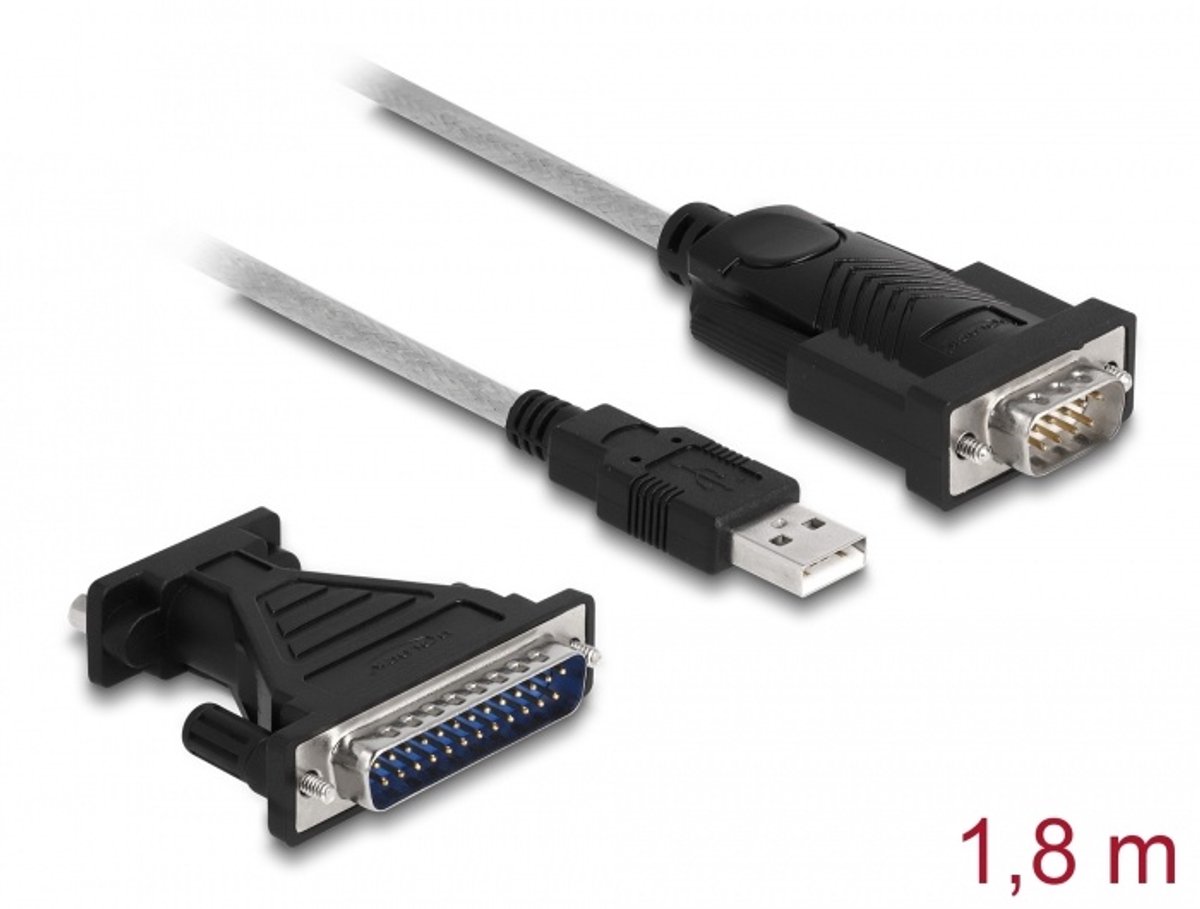 Adapter USB 2.0 Type-A tot 1 x Seriële RS-232 D-Sub 9 + Adapter D-Sub 25