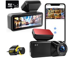 Fokelyi - 4K Dashcam Voor En Achter Auto - Met GPS WiFi En 64GB SD Kaart - Nachtzicht Parkeerbewaking G-Sensor - Ultra HD Dual Camera