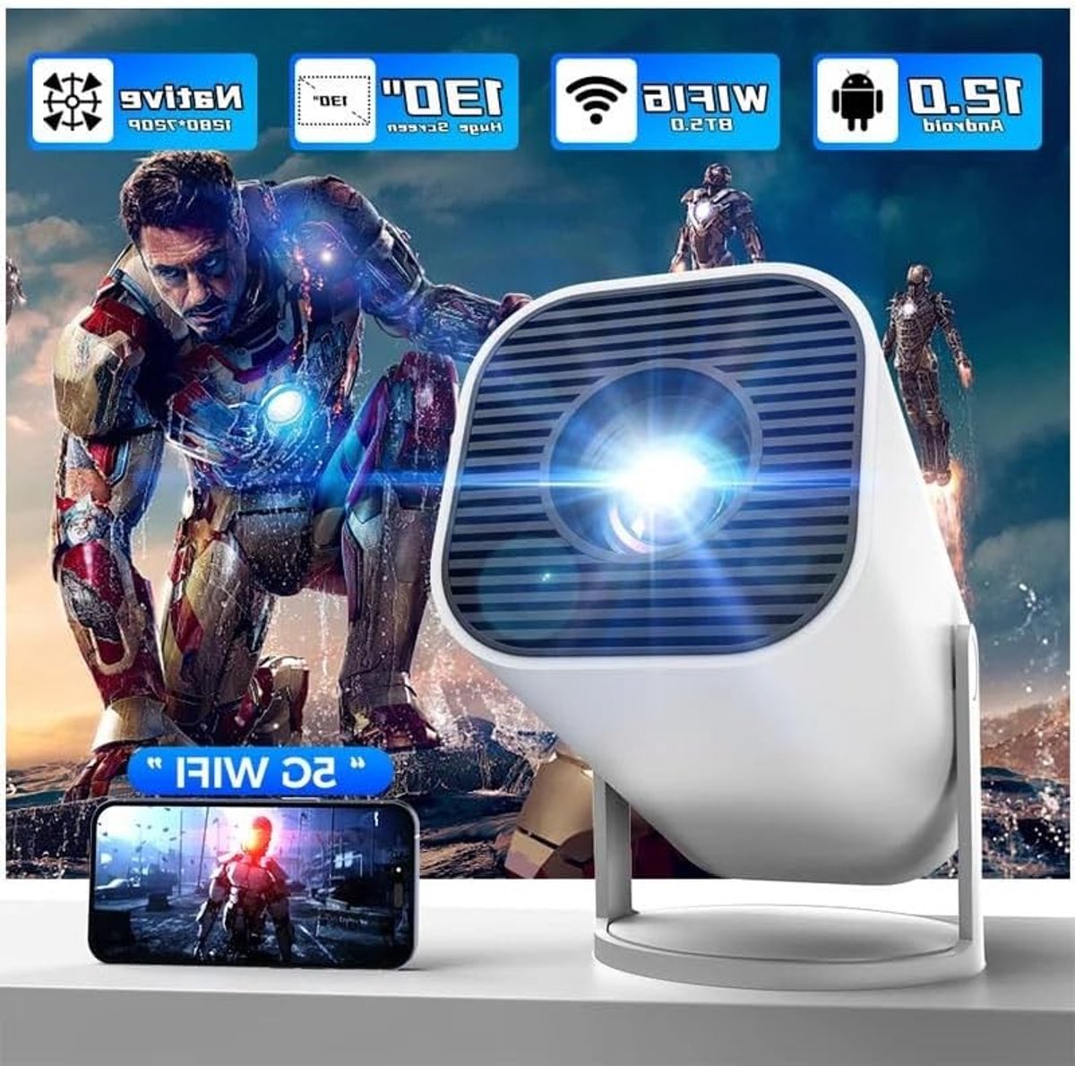 Draagbare Mini Projector met 4K 1080P HDR, WiFi 6 en Bluetooth 5.2 voor Thuisbioscoopervaring, 180° Rotatie en Automatische Trapeziumcorrectie, Geschikt voor TV Stick en Windows