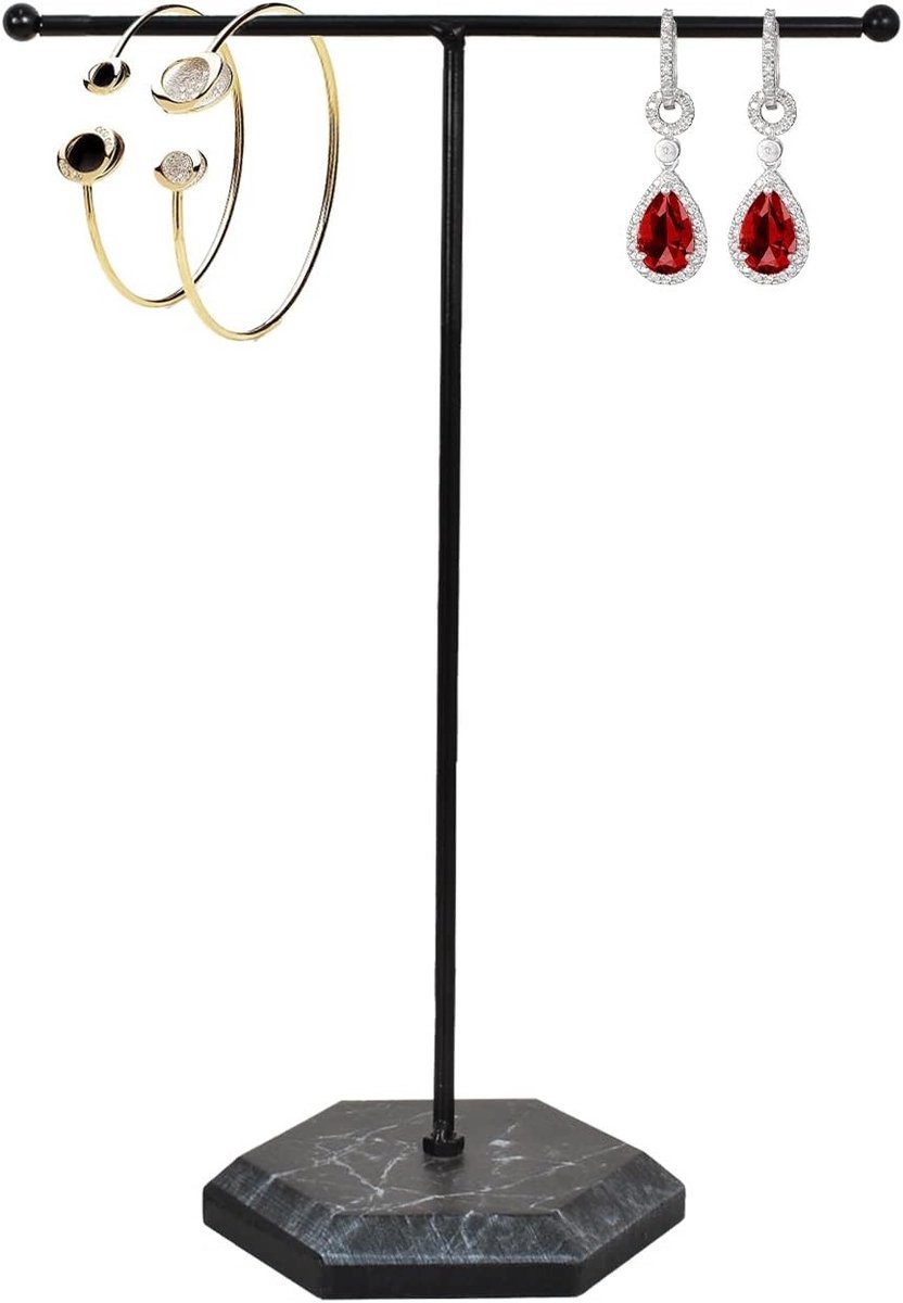 Elegante T-Bar Sieraden Organizer met Marmer Tray, Ideaal voor Oorbellen, Armbanden en Ringen, Perfecte Sieraden Display voor Thuisgebruik en Winkels