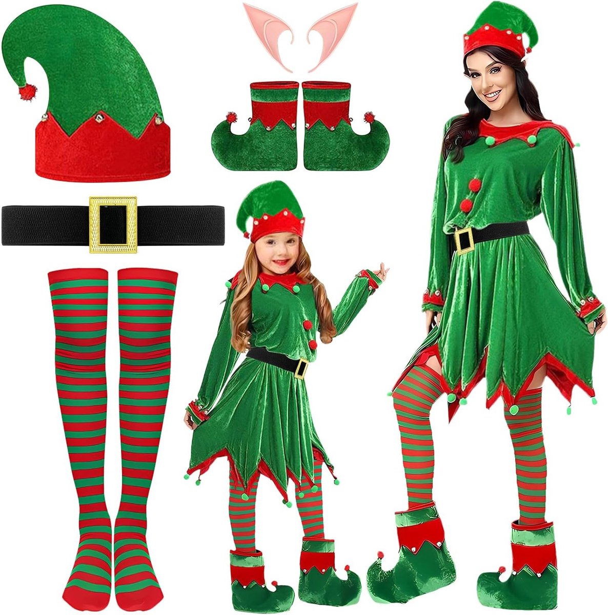 Kerstkostuum set voor kinderen, elf kostuum voor meisjes, gnome jurk met accessoires voor feestjes en cosplay