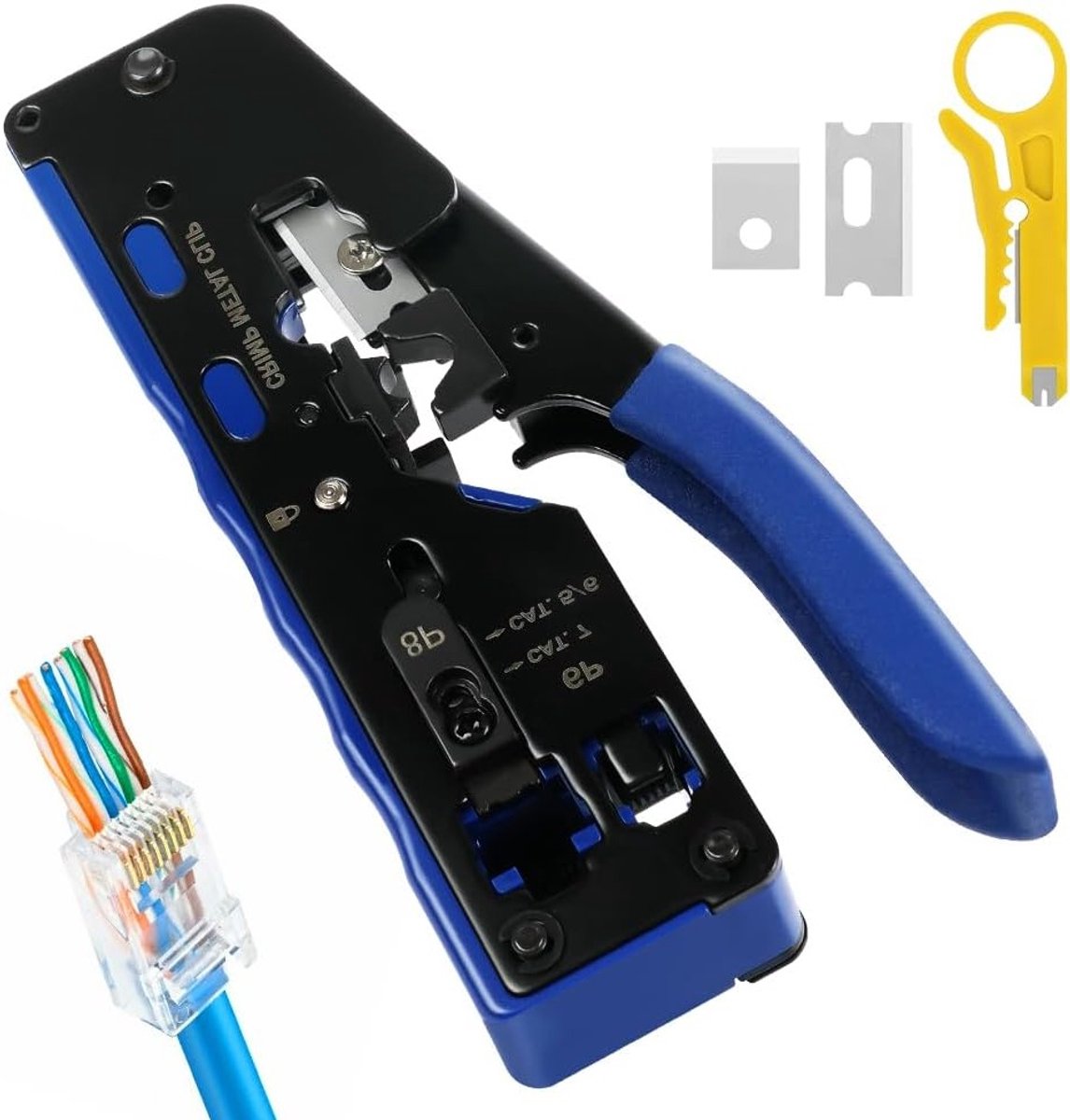 Professionele Crimp Tool voor RJ45 en RJ11 - Geschikt voor Cat5, Cat5e, Cat6, Cat6a, Cat7 Netwerkconnectoren en Telefoonaansluitingen - Snijden, Strippen en Crimpen in Één Tool
