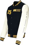 Zwart baseballjack met witte mouwen, gele opdruk 'VOLBEAT' en '25'.