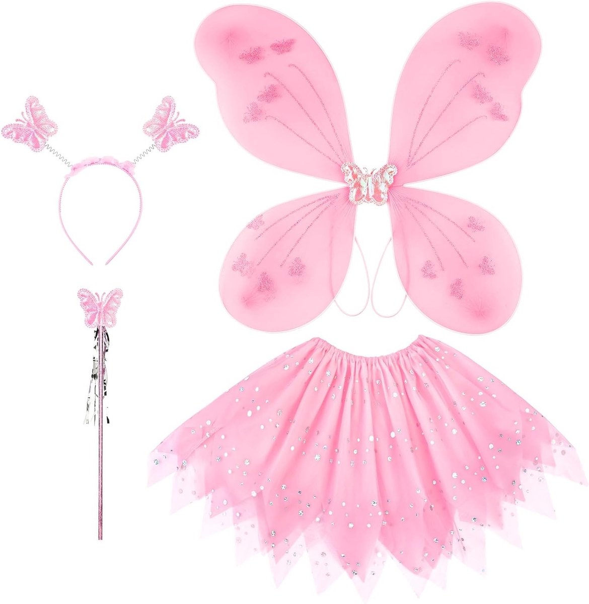 Betoverende Kinderkostuum met Feeënvleugels, Tutu, Toverstaf en Hoofdband - Perfect voor Feestjes en Verkleedpartijen voor Meisjes