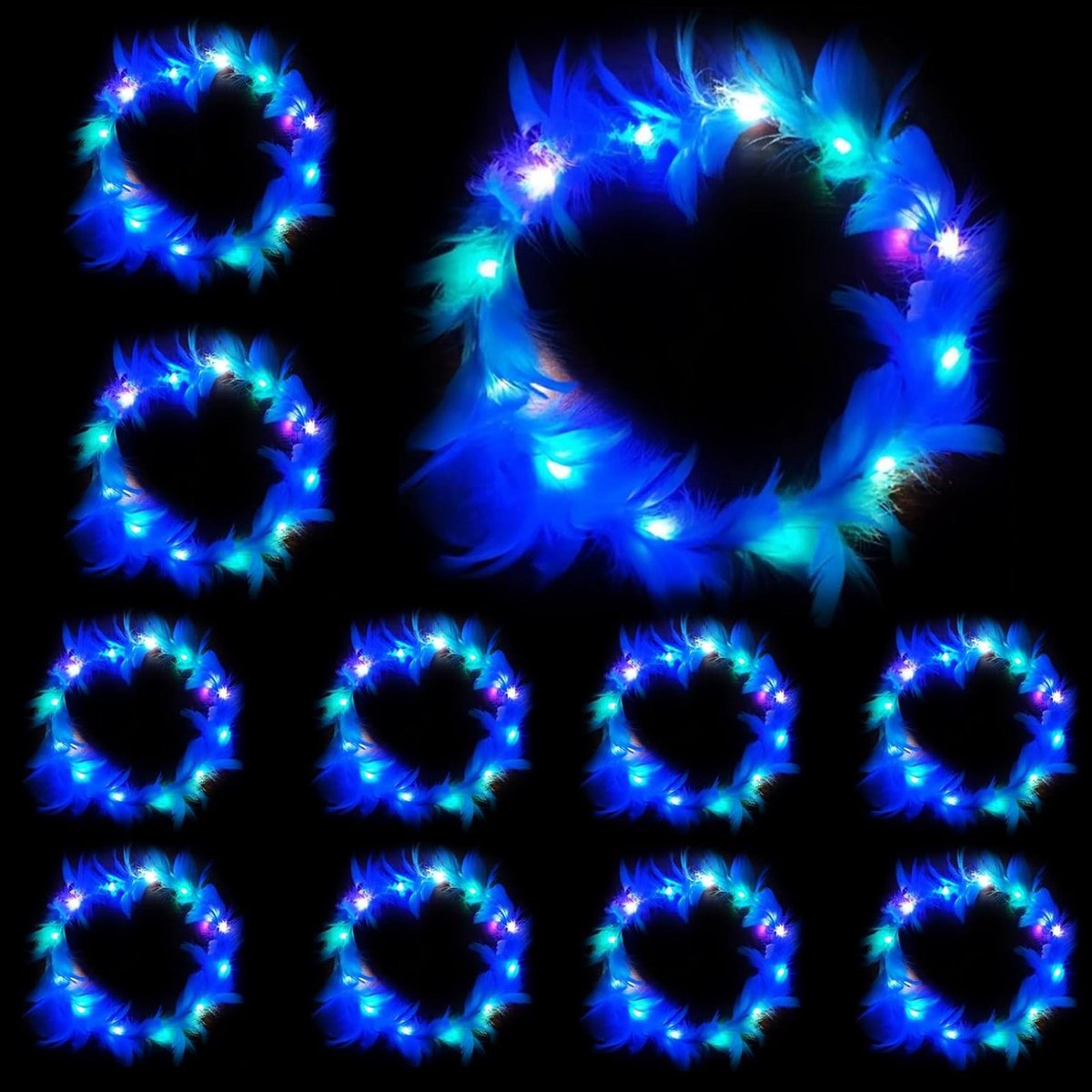 10 Stuks LED Veer Haarband, Luminous Kroon met Veertjes voor Festivals, Bruiloften en Feestjes (Blauw) - Ideaal voor Feestdecoratie en Verlichting