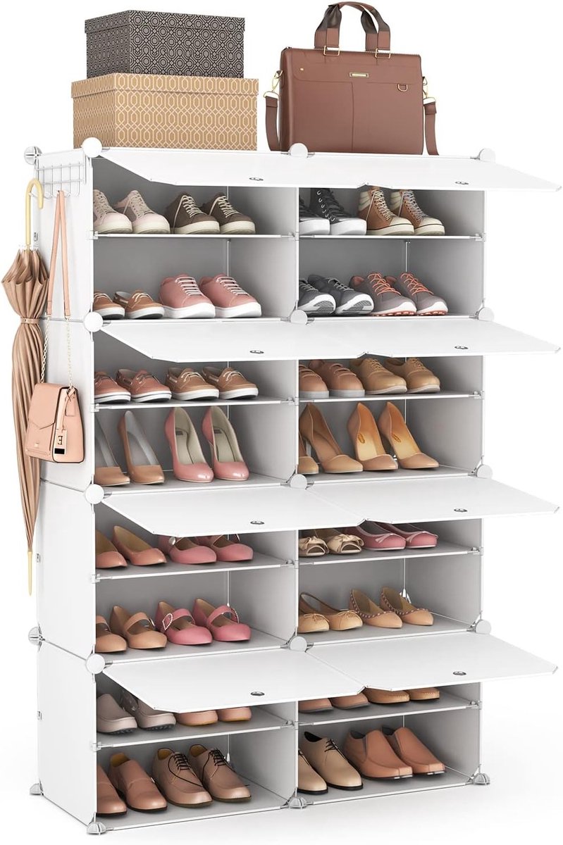 Schoenrek met 8 Planken voor 32 Paar Schoenen - Ruimtebesparend en Draagbaar Schoenorganiser voor Hal, Slaapkamer en Kledingkast (Wit, 2 x 8)