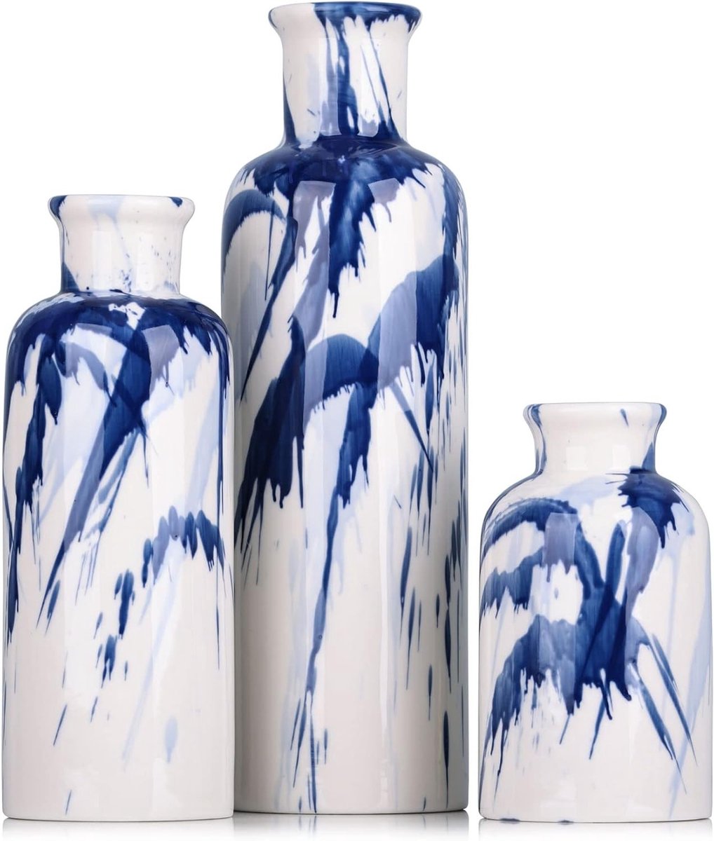 Set van 3 Keramische Vazen - Decoratieve Blauw-Witte Vazen voor Centerpieces, Boerderijsti