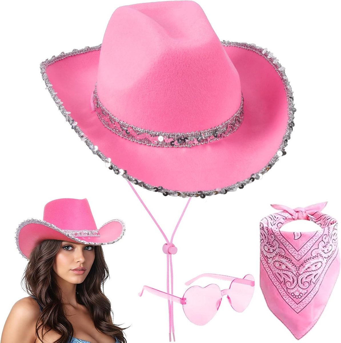 3-delige Cowboy Hoed Fancy Dress Accessoire Set met Paisley Bandana en Bril voor Verkleedpartijen, Halloween en Cosplay