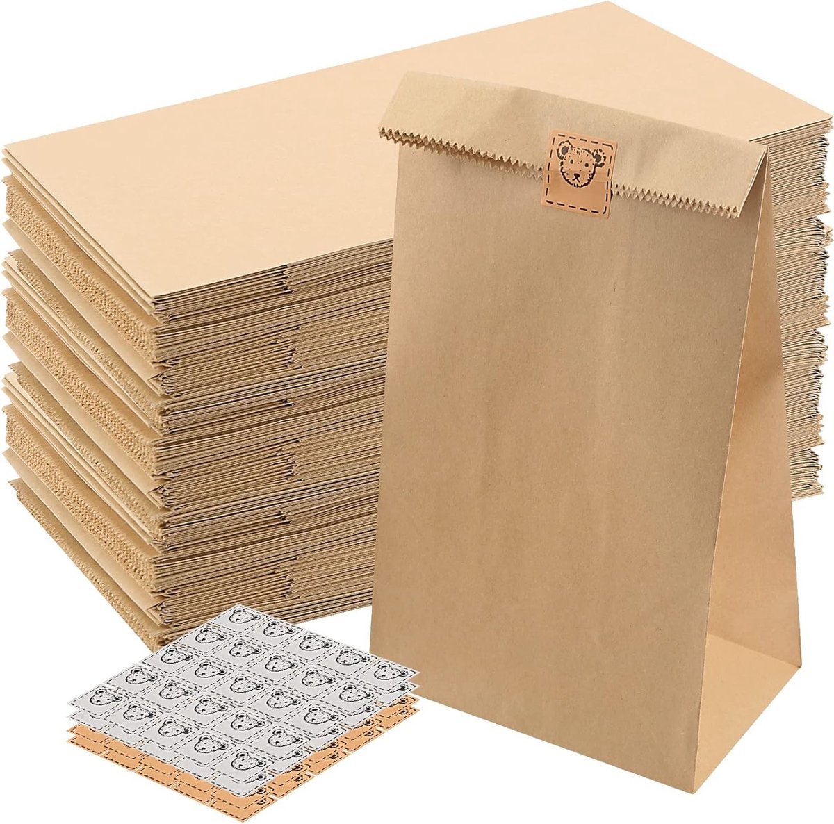100 Stuks 24x13x8cm Bruine Kraft Papieren Tassen, Vetvrije Voedselzakken met Stickers, Ideaal voor Snacks, Cadeaus en Boodschappen