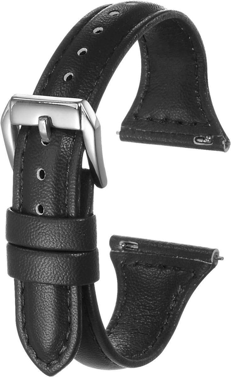 20 mm Echt Leren Horlogeband met Snelle Ontgrendeling - Elegante Smalle Vervangband voor Smartwatch in Zwart en Zilver, Hoogwaardige Kwaliteit en Comfort