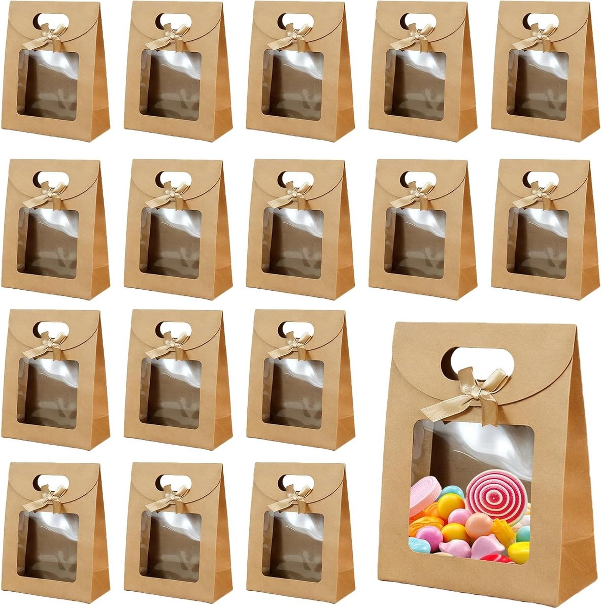 Cadeauzakjes met venster, 30 stuks, 12 x 16 x 6 cm, bruine papieren zakken met handgrepen voor bruiloften, Kerstmis en geschenken, ideaal voor snoep en banketverpakking