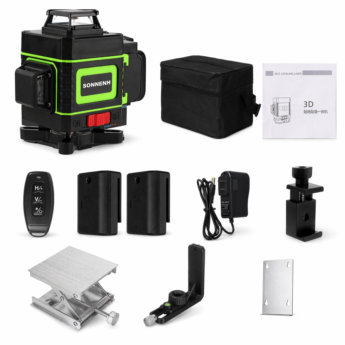 SONNENH 16-Lijns 3D Kruislijnlaser Groen - Zelfnivellerende Laserwaterpas - 4x 360° - Incl. 2 Accu's, Afstandsbediening & Hefplatform - Professionele Bouwlaser