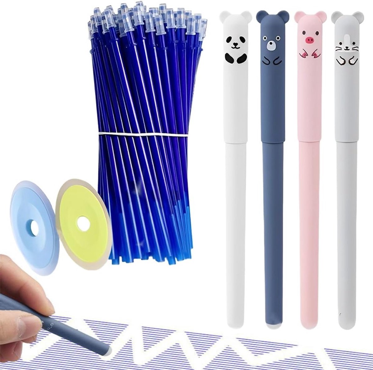 Set van 4 uitwisbare gelpennen met 50 blauwe navullingen en 2 gummetjes, temperatuurgevoelig, 0.5 mm puntdikte voor nauwkeurig schrijven