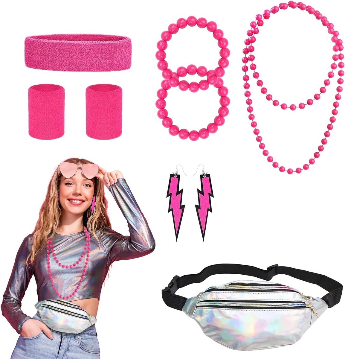 80s Fancy Style Kostuums voor Vrouwen - Compleet met Buikzak, Hoofdband, Sieraden en Neon Accessoires voor Feestjes en Thema-avonden