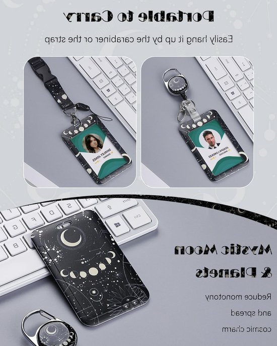 Stijlvolle Badgehouder met Maans en Planeten Design, Retractable Reel en Afneembare Lanyard voor Kantoor en Onderwijs van Merkloos — afbeelding 2