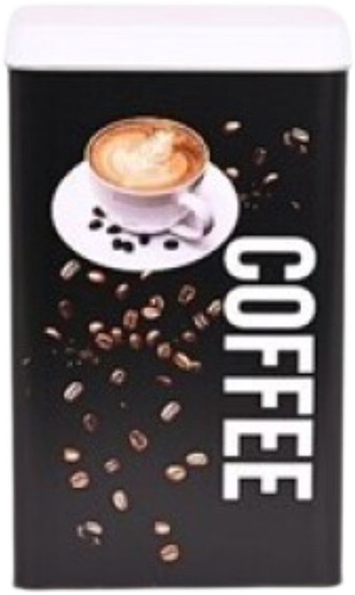 Zwart voorraadblik met witte deksel, bedrukt met 'COFFEE', koffiebonen en een kopje koffie.