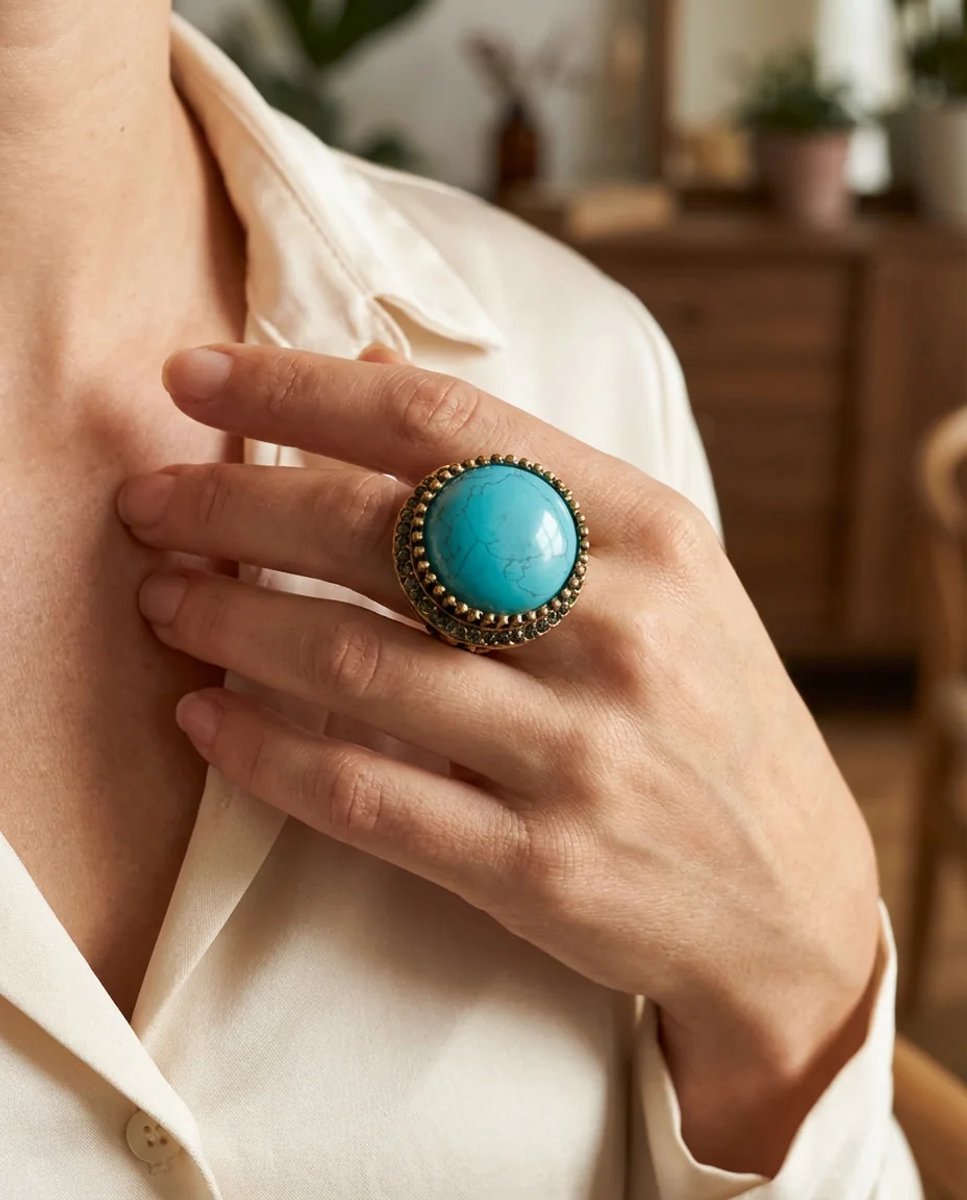 Dorvina Bronzen Sieraad Authentiek Tukuaz Steen Rond Kesim Topaz Model Vintage Dames Ring